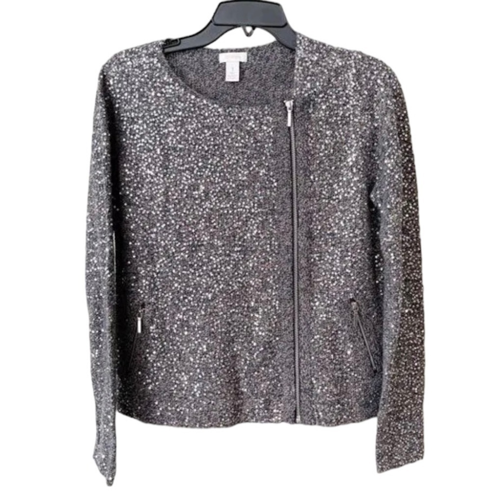 Chicos Festive Grey Sequin Asymmetrical Full Zip Sweater Top  Jacket